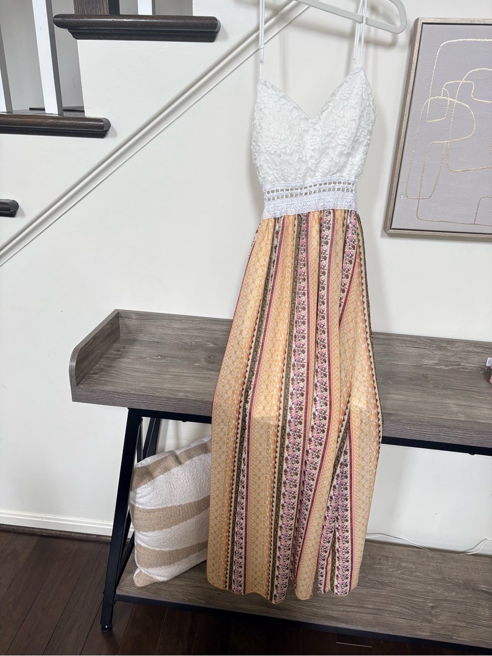 White Lace tank top cinch waist Bodice Striped Floral beach Maxi Dress bohemian